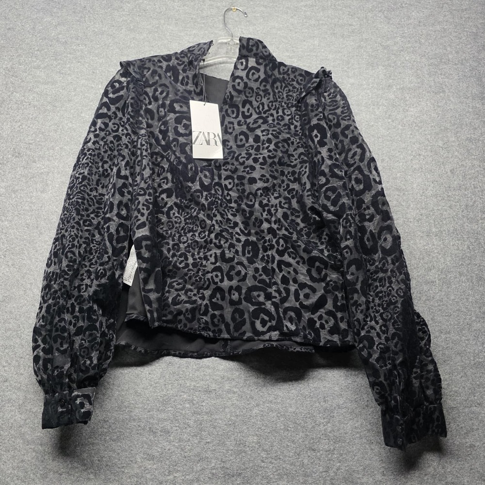 ZARA Women's Leopard Animal Print Sheer Blouse Top Long Sleeve XL Black Gray